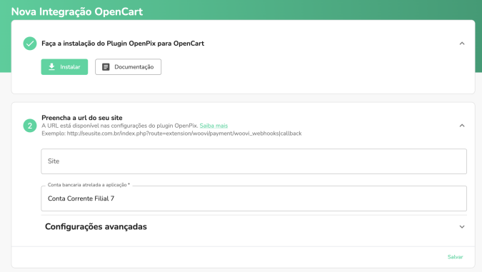 Formulário para adicionar uma integração na plataforma Woovi